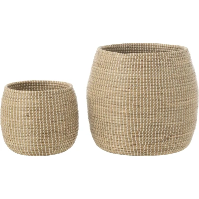 Afbeelding van J Line mand zeegras/kunststof naturel/wit 2 stuks
