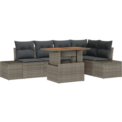 Afbeelding van vidaXL 6 delige Tuin Eettafelset met Kussens Grijs Poly Rattan Acacia
