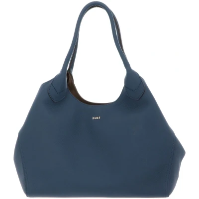 Afbeelding van BOSS Leren schoudertas shopper Lenah Tote Open Blue blauw