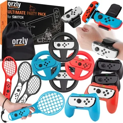 Afbeelding van Orzly Accessoirebundel PartyPack gemaakt voor gebruik met Nintendo Switch [4x]: Controller Grepen en Stuurwielen, Pols Dansbanden, Tennisrackets, Reisvriendelijke Opslagtas Trekkoord