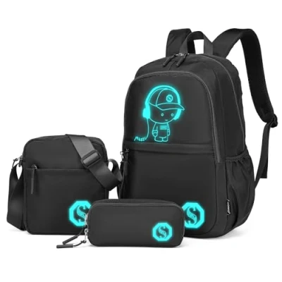 Afbeelding van Kono Luminous School Rugzak 3 in 1 Set, Anime Jongens Schooltas Schoudertas Etui, 15.6&quot; Laptop voor Studenten Tieners Meisjes (Zwart)