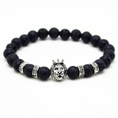 Afbeelding van Memphis kralen armband mannen Lavasteen Lionhead Silver