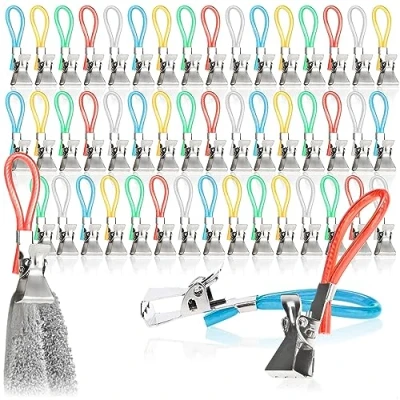 Afbeelding van COM FOUR® 50x handdoekhouderclips van kunststof en verchroomd metaal kleurrijke clips voor handdoeken, washandjes, badsponsjes lushangerclips pannenlappen &amp; theedoeken (50 stuks)