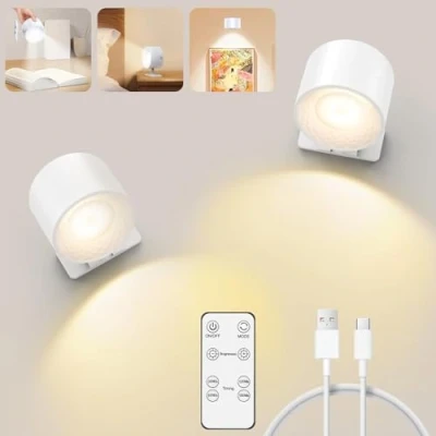Afbeelding van HighLuc Led wandlamp, 10 helderheidsniveaus, 3 kleuren, USB C 2200 mAh, binnenverlichting, 360 graden draaibaar, wandlampen voor slaapkamer, woonkamer