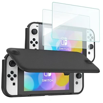 Afbeelding van ProCase Switch OLED Model 2021 Flip Case met 2 Stuks Anti kras Tempered Glass Screen Protector, Slanke TPU Shockproof Hoes Beschermhoes Cover Zwart