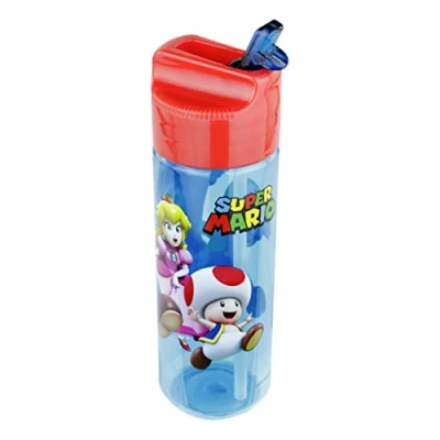 Afbeelding van P:os 33165 drinkfles voor kinderen, ca. 540 ml, transparant design met Super Mario motief en geïntegreerd rietje om op te klappen, van kunststof, BPA vrij ftalaatvrij