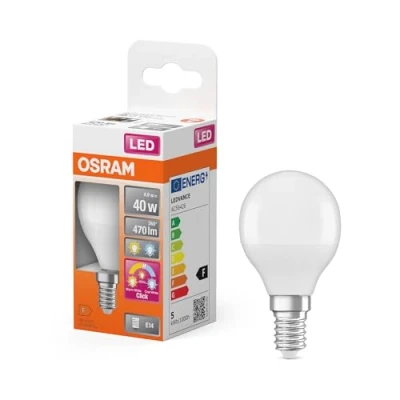 Afbeelding van OSRAM LED Superstar Classic mini ball lamp with 3 light scenes: Relax, Active, Sleep. Made of frosted plastic, 4.9 W, E14 socket, colour temperature 2,700 4,000 K, controllable via wall switch.