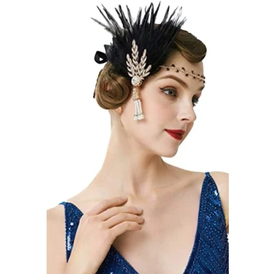 Afbeelding van BABEYOND Haarband met veer voor dames jaren 20 stijl flapper Art Deco geïnspireerd door Great Gatsby bladeren schitterende kristallen haarband, goud, Eén maat