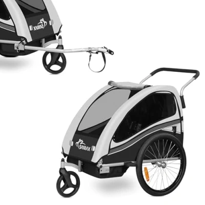 Afbeelding van SAMAX 360 zwenkbare Fietskar/Aanhangwagen 2in1 en Buggy Geveerde Transportkar Kinderfietskar voor 2 kinderen in Grijs Black Edition