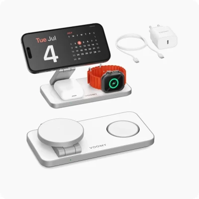 Afbeelding van Voomy 3 in 1 Draadloze Oplader (15W Snellader) Opvouwbaar Geschikt voor MagSafe iPhone, Apple Watch, AirPods iOS &amp; Android Wit