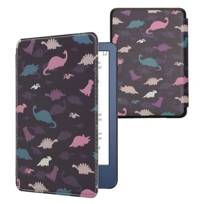 Afbeelding van kwmobile E reader hoesje geschikt voor Amazon Kindle (2022) hoes flip case met magnetische sluiting Ereader cover Bonte dinosauriërs design in paars / geel blauw