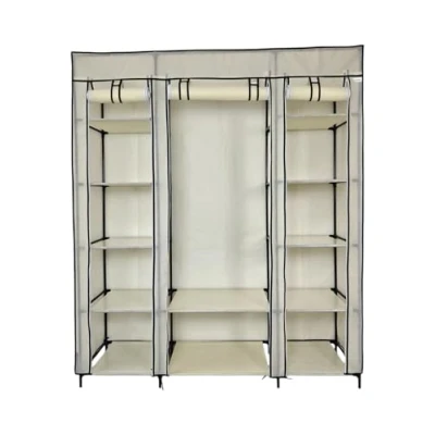 Afbeelding van Lendo Online Opvouwbare Kledingkast Garderobekast met ophangrails Opbergkast Campingkast Kampeerkast 145x44x170cm Crème