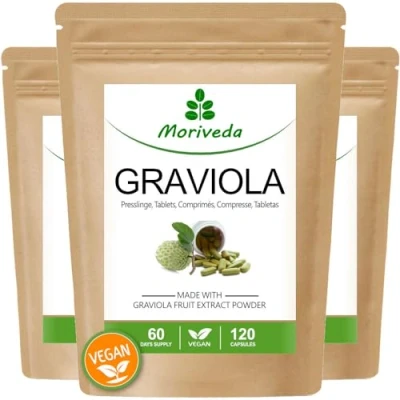 Afbeelding van graviola tabletten 2000mg 6 maanden voorraad natuurlijk fruitextract met vitamine C en antioxidanten hooggedoseerd, veganistisch glutenvrij 360 by MoriVeda