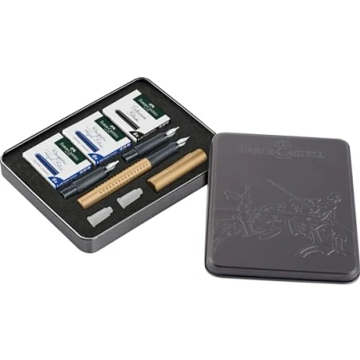 Afbeelding van Faber Castell 201518 Kalligrafie set Grip Gold, vulpen F met vervangingspenpunten 1,4 mm en 1,8 mm, inclusief inktpatronen zwart koningsblauw
