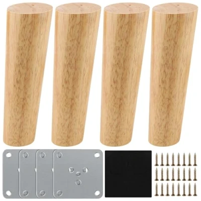 Afbeelding van houten tafelpoten, 15 cm 4 stuks vervangende bankpoten, massief hout, conisch meubelpoten, sokkelpoten, tafelvoet van eiken, meubelpoten met montageplaten en schroeven voor sofa,