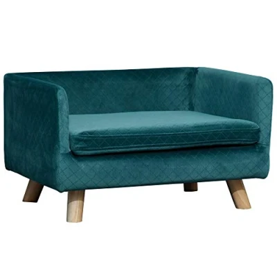 Afbeelding van PawHut hondenbed, Scandinavisch design, zacht kussen, massief hout, dim. 64 x 45 36 cm, fluweel, eendenblauw