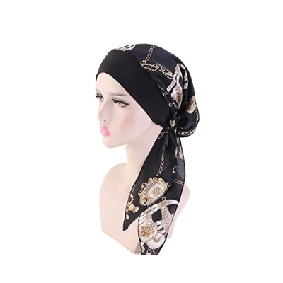Afbeelding van JUHONNZ Vrouwen, chemotulband, katoenen tulband, muts, elastisch hoofddeksel, satijnen hoofddoek, hoofddeksel voor vrouwen met kanker, zwarte ketting