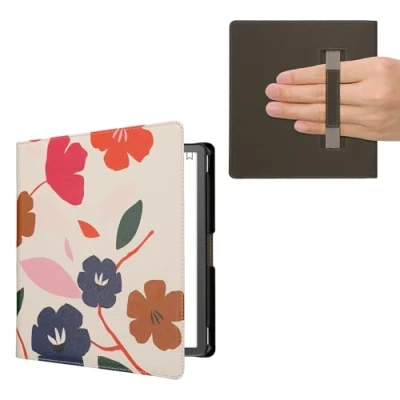 Afbeelding van kwmobile E reader hoesje geschikt voor Amazon Kindle Scribe hoes flip case met magneetsluiting Ereader cover Bonte bloemen design in roze / donkerblauw crème