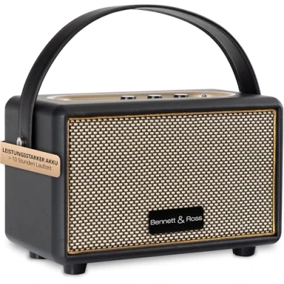 Afbeelding van Bennett &amp; Ross BB 820BK Blackmore Junior Retro bluetooth luidspreker in lederlook met 5200 mAh accu Vintage 20W MicroSD ingang MP3 speler Aux Speaker zwart