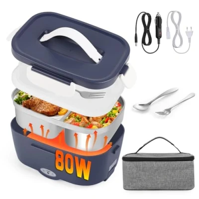 Afbeelding van elektrische lunchbox, voedselverwarmer, auto, 3 in 1 (12 V/24 V/220 V), 1,5 l, met vork, lepel, afneembare roestvrijstalen verwarming, broodtrommel, draagbare warmhoudcontainer
