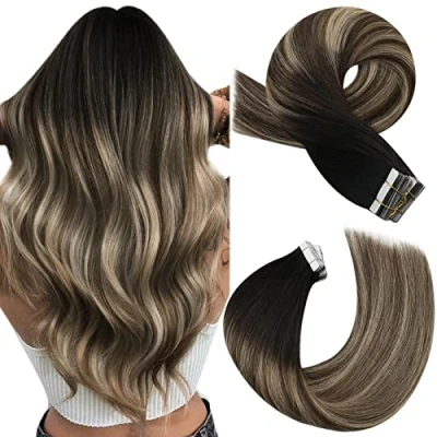Afbeelding van Moresoo Tape in Extensies Echt Menselijk Haar 45 cm Onzichtbare Haarextensies Zwart tot Donkerbruin met Karamelblond 20 Stuks/50g #1B/3/27