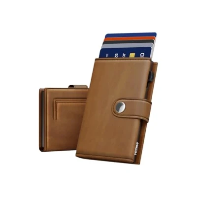 Afbeelding van YESIIW Kaarthouder Heren Portemonnee RFID Blokkeren Lederen Minimalistische Smart Pop Up met Magnetische Coin Pocket, Drievoudige Credit Card Houders Portemonnee, Knoopsluiting, Geschikt