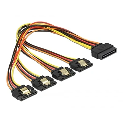 Afbeelding van DeLock kabel SATA 15Pin stekker 4X socket, zwart/rood
