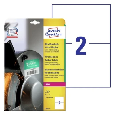 Afbeelding van Etiket Avery Zweckform L7916 10 210x148mm polyethyleen wit 20stuks