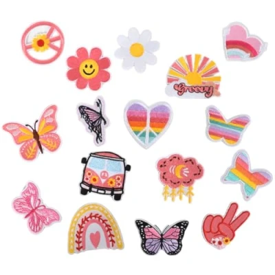 Afbeelding van opstrijkbare patches voor kleding, 16 stuks badge applicatieset, geborduurde strijkijzer, applicatie stickers assortiment, borduurwerk reparatie