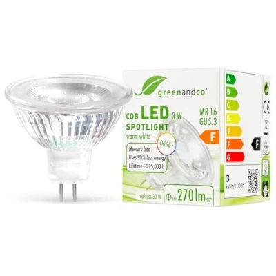 Afbeelding van greenandco® CRI 90+ LED spot vervangt 30 Watt MR16 GU5.3 halogeenspot, 3W 270 lumen 2700K warm wit 38 12V AC/DC, niet dimbaar