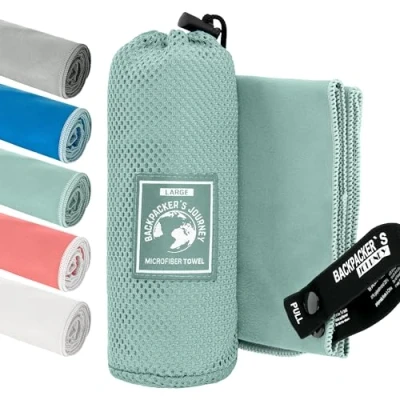 Afbeelding van Backpacker&#039;s Journey microvezel handdoeken in S M L XL. Reishanddoek stelt licht, sneldrogend, absorberend en antibacterieel (turkoois XL&amp;L)