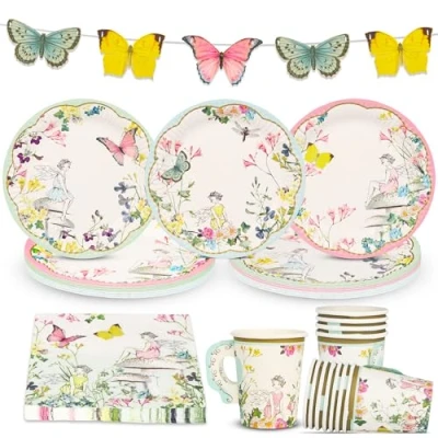 Afbeelding van Talking Tables Feeënfeestdecoraties en wegwerpservies voor 12 gasten Vlindergors, tafelkleed, kopjes, borden servetten kinderverjaardag, Moederdag, middagthee, babyshower
