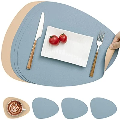Afbeelding van Myir JUN Lederen tafelmatten en onderzetters, Placemat Waterdichte Dubbelzijdige Keuken Plaats Matten Koffiematten Antislip Wasbare Placemats Onderzetters (Set van 4, Geel/Blauw)