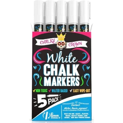 Afbeelding van Liquid Chalk Marker Pen White Dry Erase Markers for Chalkboard Signs, Windows, Blackboard, Glass 6mm Reversible Tip (5 Pack) 24 Labels Included