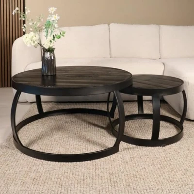 Afbeelding van Salontafel rond 2delig mangohout Nuno zwart side table industrieel bijzettafel mango hout
