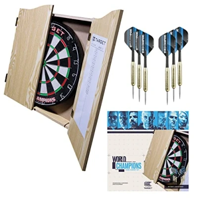 Afbeelding van Target Darts Dartbord voor wereldkampioenschap in een thuiskast met twee dartsets, lichtbruin, standaard