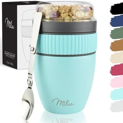 Afbeelding van Milu muesli beker to go 400ml I geïsoleerde yoghurt voor lekvrije met lepel / pap (Turkoois)