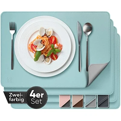 Afbeelding van Elegante placemats van PU leeg 4 delige set tweekleurig petrol/lichtgrijs placemat afwasbaar 43 x 30 cm lederlook kunstmatig tafelkleden