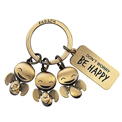 Afbeelding van FABACH Beschermengel sleutelhanger Happy Trio met gravure geluksengel cadeau engel geluksbrenger motivatie Don&#039;t Worry be Happy, antiek brons,