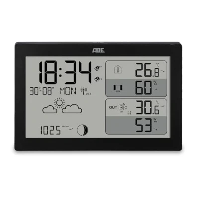 Afbeelding van ADE Digitaal weerstation radio met buitensensor &amp; weersvoorspelling, binnen buitentemperatuur thermometer, hygrometer luchtdruk radiogestuurde klok 2 wektijden datum maanfasen zwart