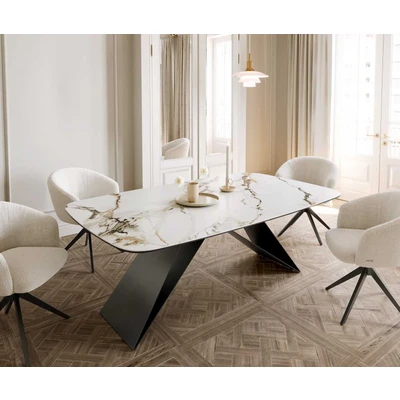 Afbeelding van DELIFE Eetkamertafel Edge Boot 200x100 keramiek Calacatta Luxe wit goud grijs V frame vlak staal zwart