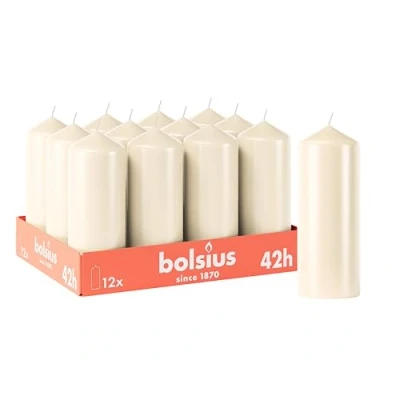 Afbeelding van Bolsius Gladde stompkaarsen, 12 stuks, 15 x 7 cm, decoratieve kaarsen voor huishouden, brandduur 42 uur, ongeparfumeerd, bevat natuurlijke plantenwas, zonder palmolie