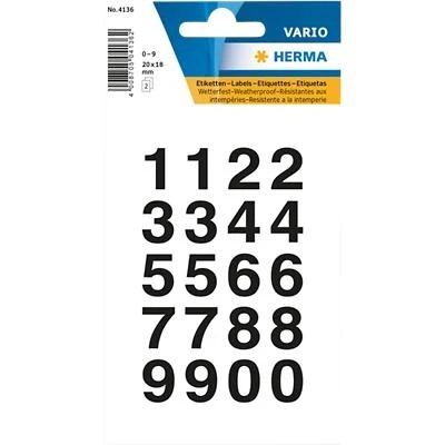 Afbeelding van 10x Herma Getallen 20x18 mm 0 9 watervast folie transparant zwart 2 ve