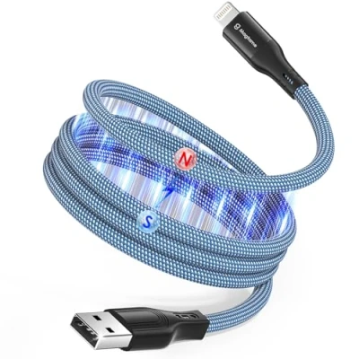 Afbeelding van Magtame Magnetic Coiled telefoonkabel, 1 m, MFi gecertificeerd, Lightning kabel, snel opladen, wrapped data overdrachtskabel, gevlochten, compatibel met iPhone 14, 13, 12, 11 Pro Max, XR, XS, X, 8