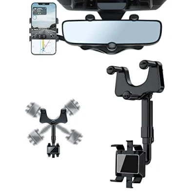 Afbeelding van Achteruitkijkspiegel, telefoonhouder, 360 graden draaibaar en intrekbaar, multifunctionele autotelefoonhouder met datakabel, universele telefoonhouder voor alle mobiele telefoons