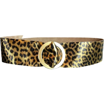 Afbeelding van Metallic Leopard Leren Riem Brede Riemen Mat Gouden Ronde Gesp Panter Print