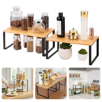 Afbeelding van Cheqo® Bamboe Keukenrek Aanrecht organizer Stapelbare Metalen Frame Rekjes Keuken Keukenkast