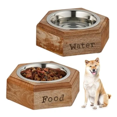Afbeelding van Relaxdays hondenvoerbakken met standaard eetbak en waterbak rvs &amp; hout 1 liter
