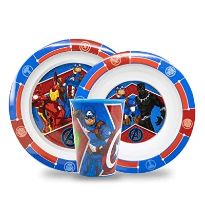Afbeelding van Kinderserviesset, herbruikbare babyset, servies met bord, mueslikom en beker, ontbijtset voor kinderen (Avengers)