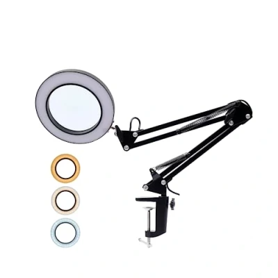 Afbeelding van NIEUW FLASH Desk tafellamp, 5X LED vergrootglas licht, verstelbare leeslamp met klem, metalen 370 mm zwenkarm 3 kleuren verlicht (zwart, 12 W)